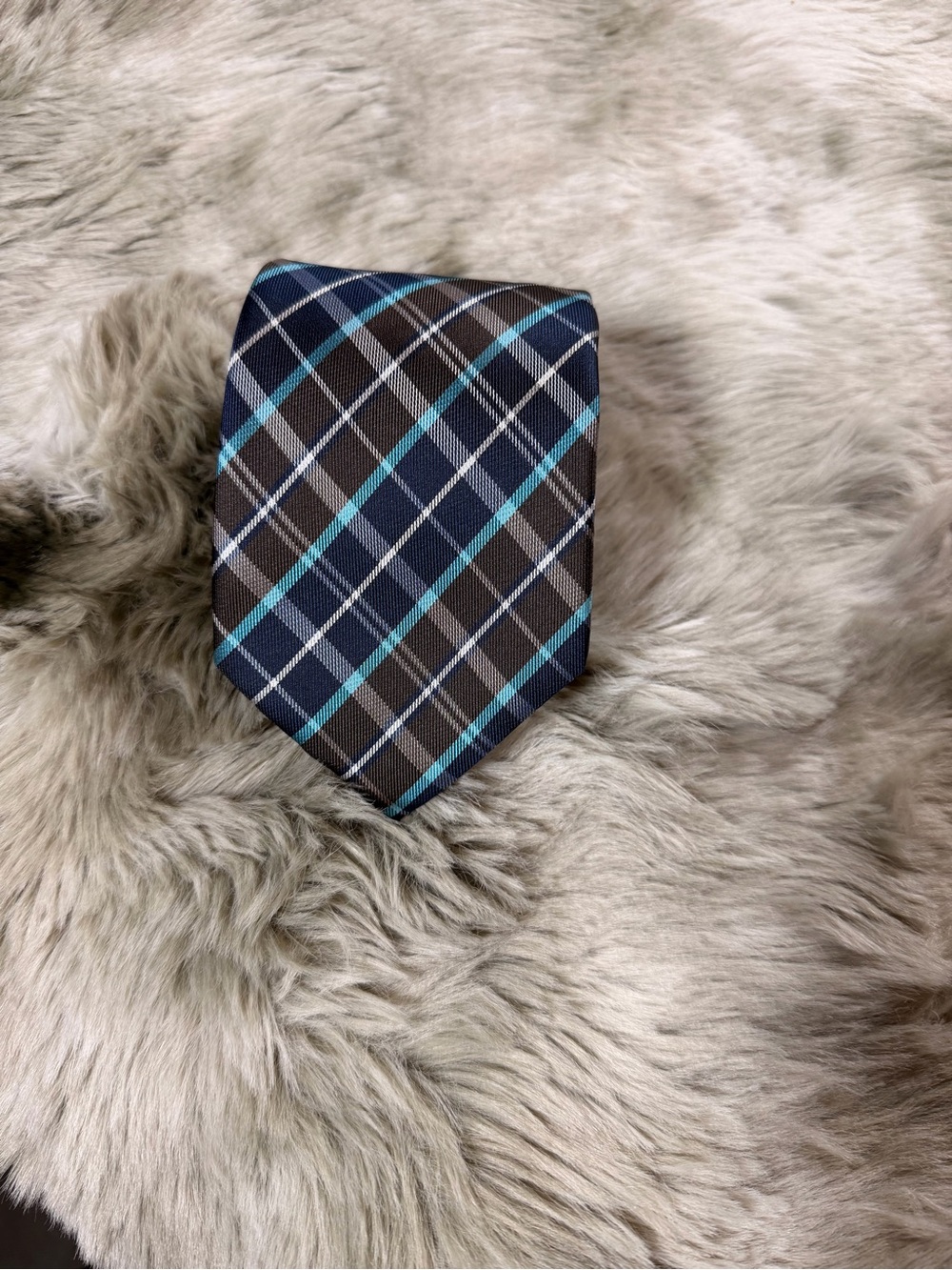 Uomo Venetto Classic Plaid Men’s Tie in Navy Brown and Teal - Handmade